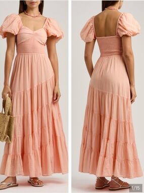 FREE PEOPLE Sundrenched Maxi Dress Peach Puff with Puff Sleeves xs
